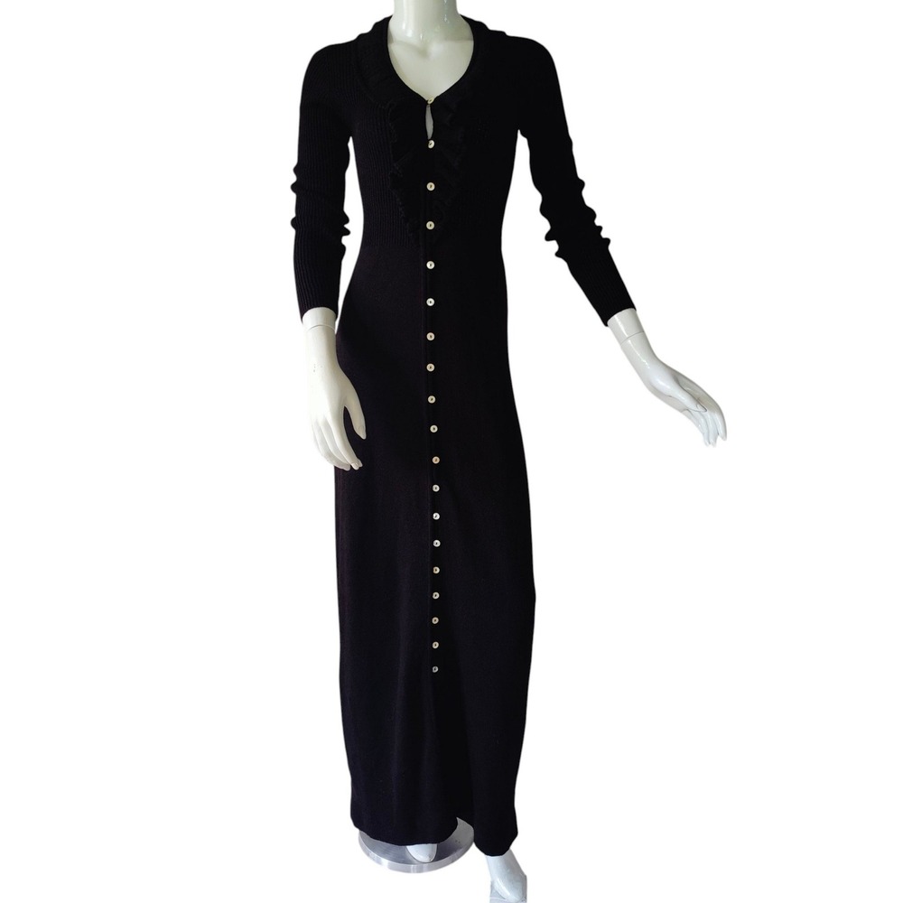 Vintage 70s Black Knit Maxi Dress Bodycon Button Front Sz 6 Witchy Goth Grunge